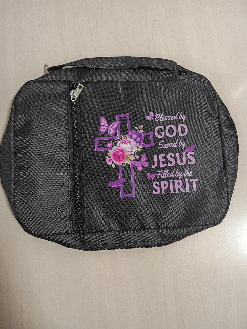 Blessed by God Floral Cross Tote - Black with Purple and Pink Print NEW